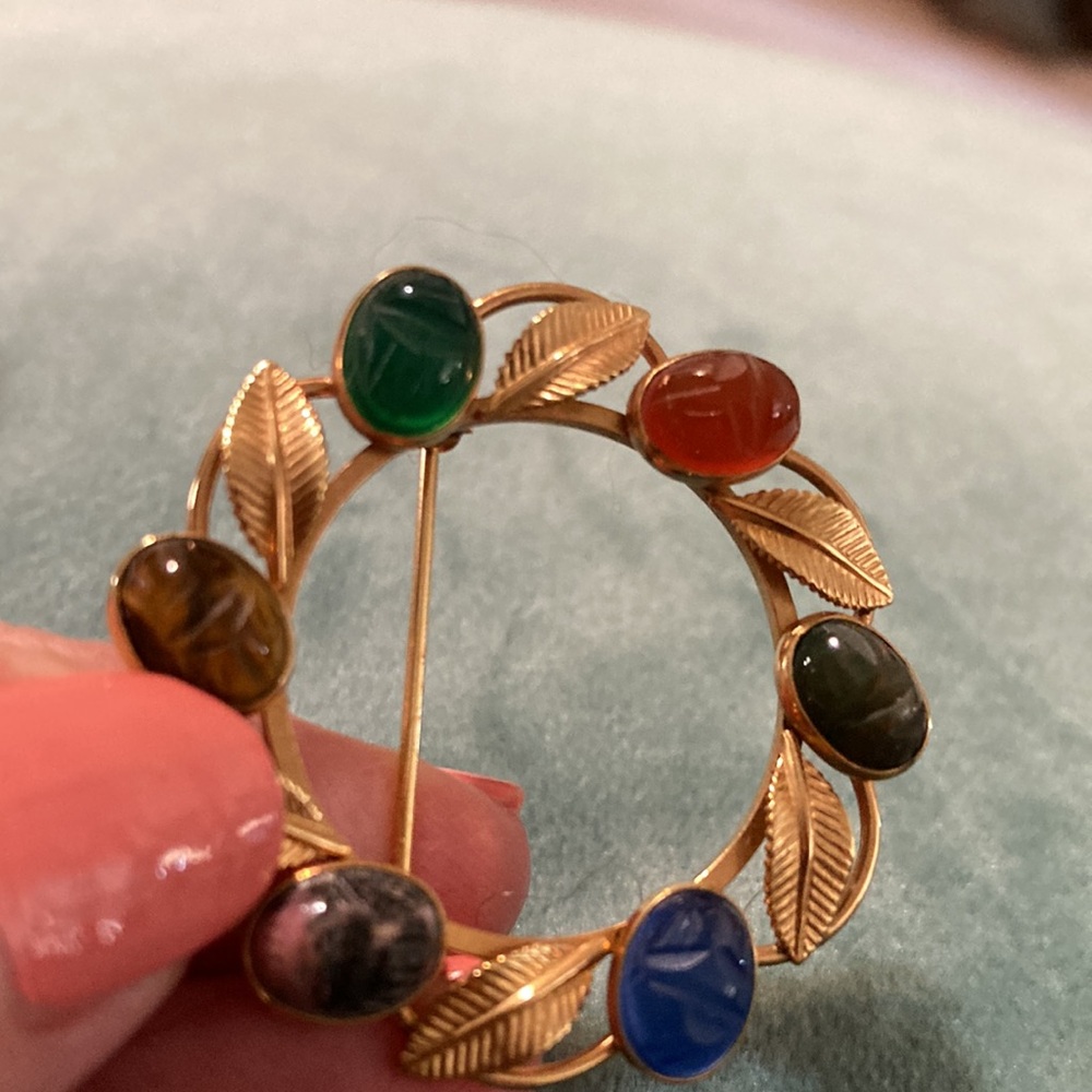 Gold Leaf Multi-Stone Circle Brooch - Colorful Gem Accents